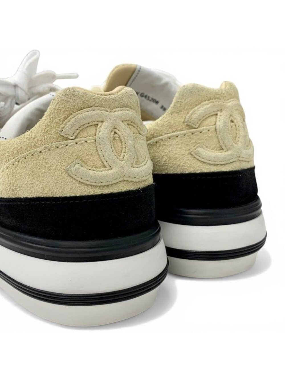 Chanel Sneakers Shoes Suede Beige Black White CC Logo - Picture 8 of 10